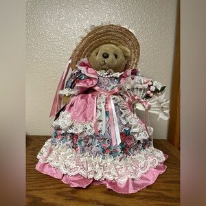 VTG Bearly People Collectible Bear in Floral Victorian Dress , Apron & Fan 15”